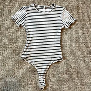 Lulu’s Basics Ribbed Knit Black and White Striped Thong Bodysuit